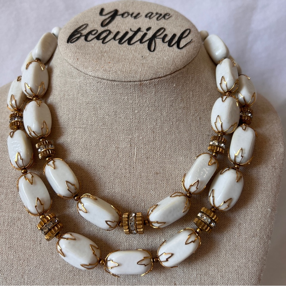 Vintage Deauville Women's White Lucite Necklace with Rhinestones And Gold Accent